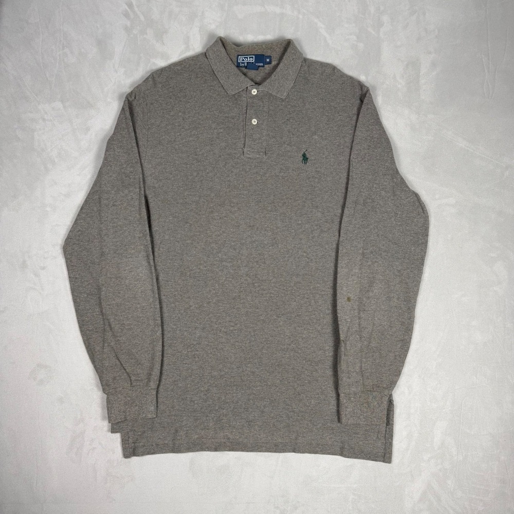 90s Mens Polo Ralph Lauren Long Sleeve Pique Polo Shirt Grey M